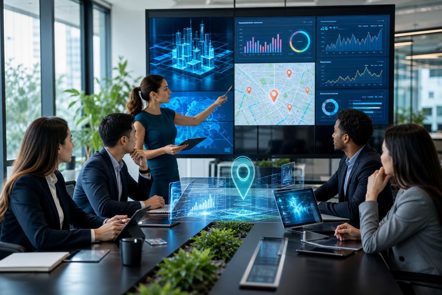 Business professionals collaborating in a modern office with digital devices showing charts and maps related to local SEO.